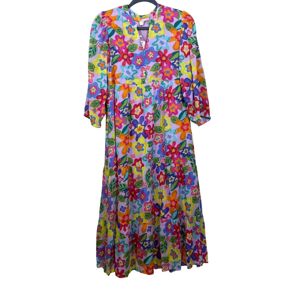 Briton Court Floral Orchid Tiered Maxi Dress, XS, NWT, playful, retro pop floral